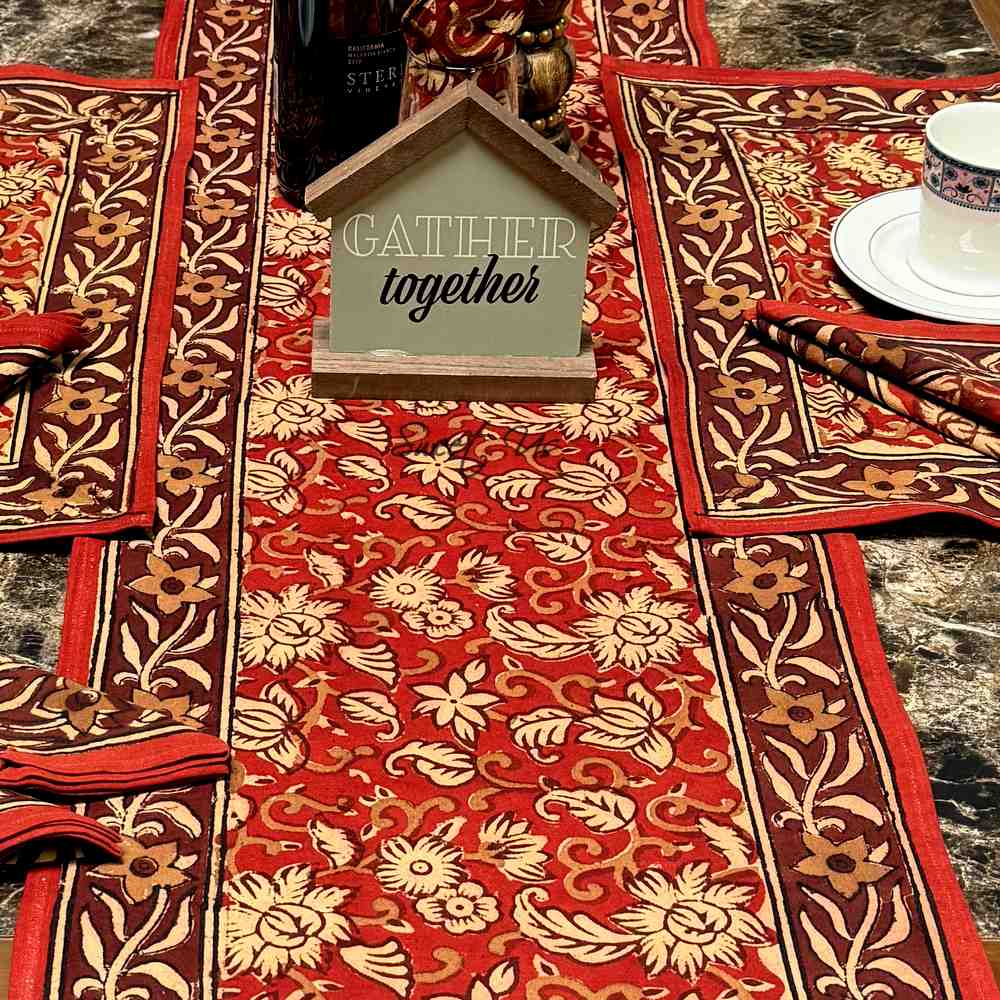 Marigold Radiance Floral Cotton Block Print Table Runner, Ruby Terracotta