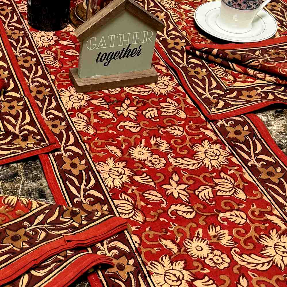 Marigold Radiance Floral Cotton Block Print Table Runner, Ruby Terracotta