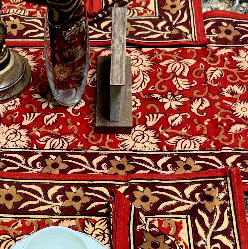Marigold Radiance Floral Cotton Block Print Table Runner, Ruby Terracotta