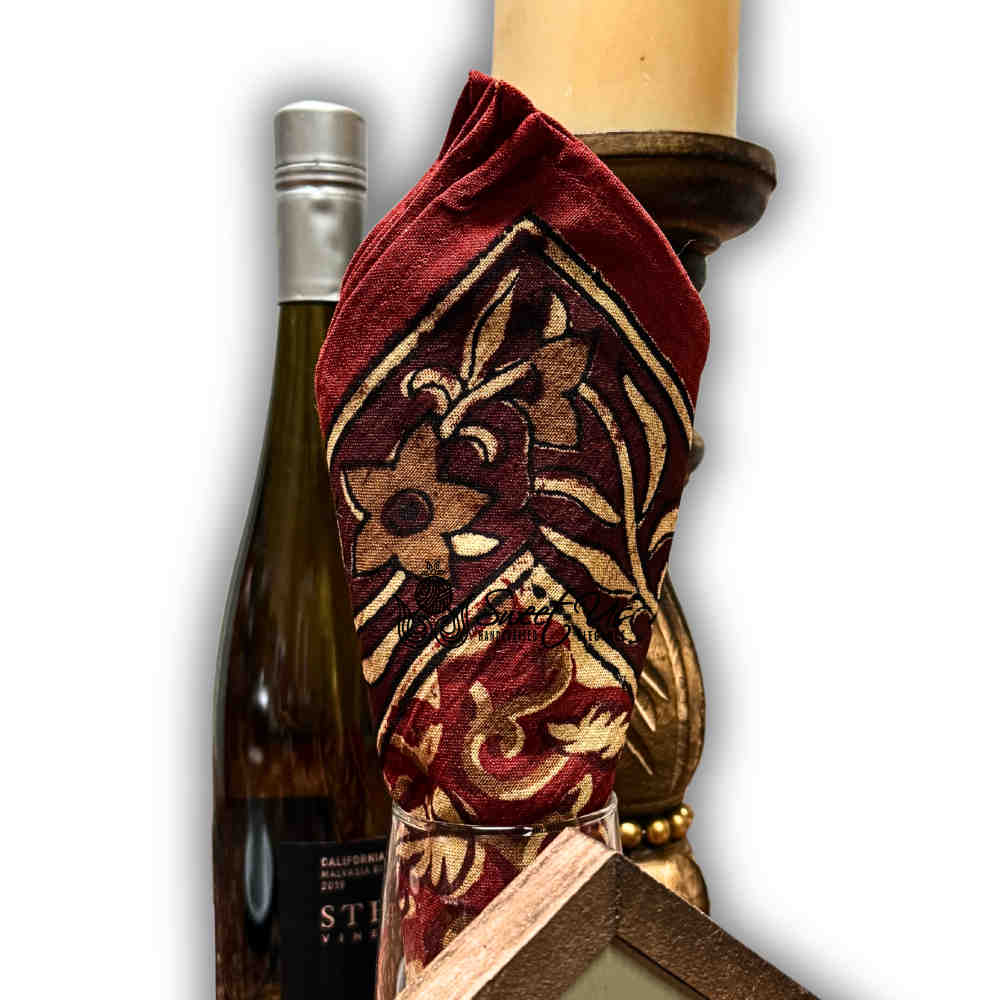 Marigold Radiance Floral Cotton Block Print Dinner Napkin, Ruby Terracotta