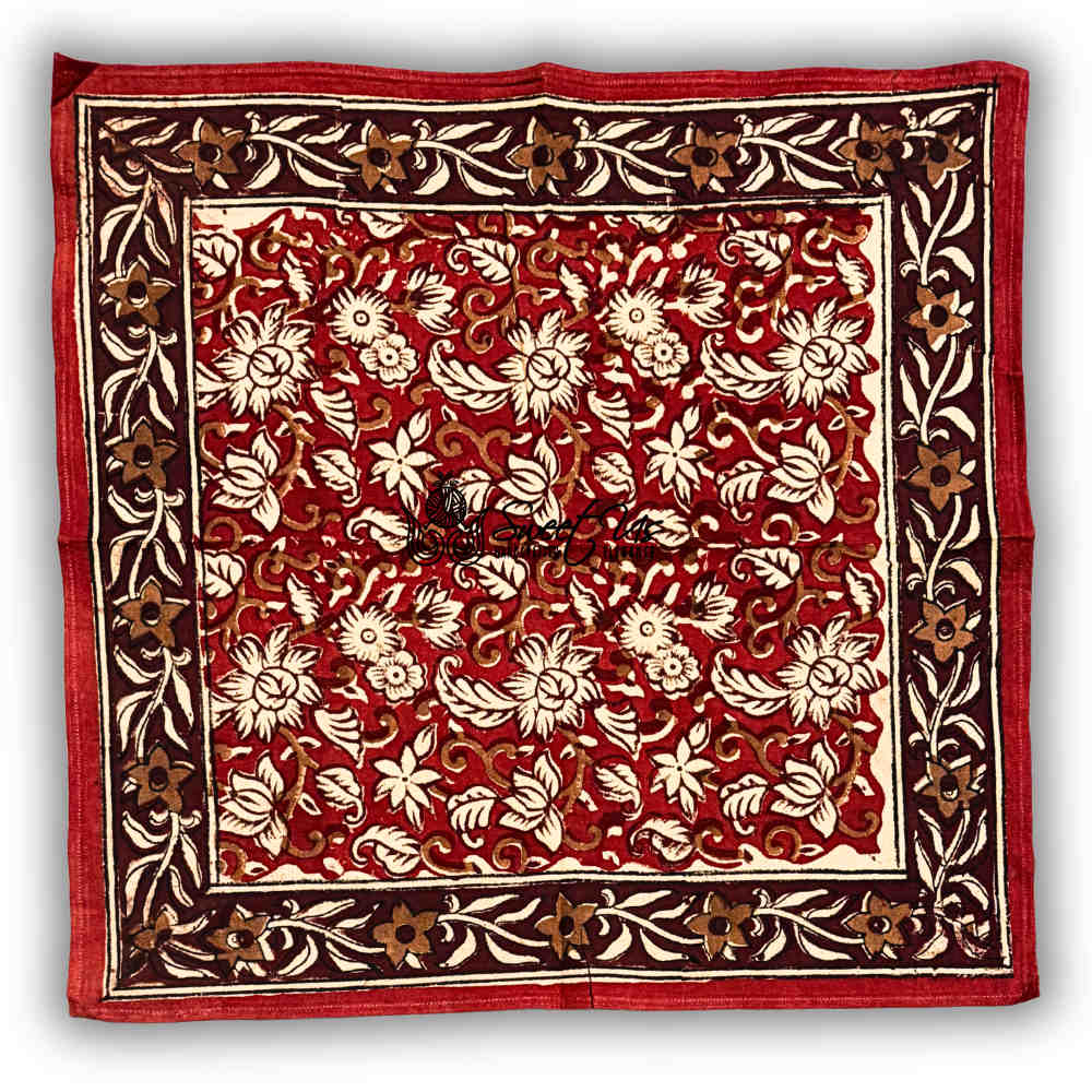 Marigold Radiance Floral Cotton Block Print Dinner Napkin, Ruby Terracotta