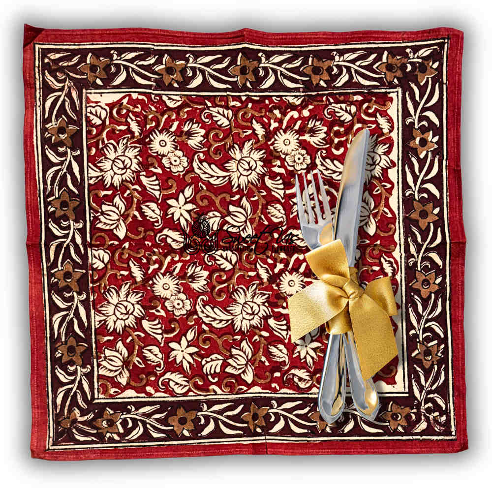 Marigold Radiance Floral Cotton Block Print Dinner Napkin, Ruby Terracotta