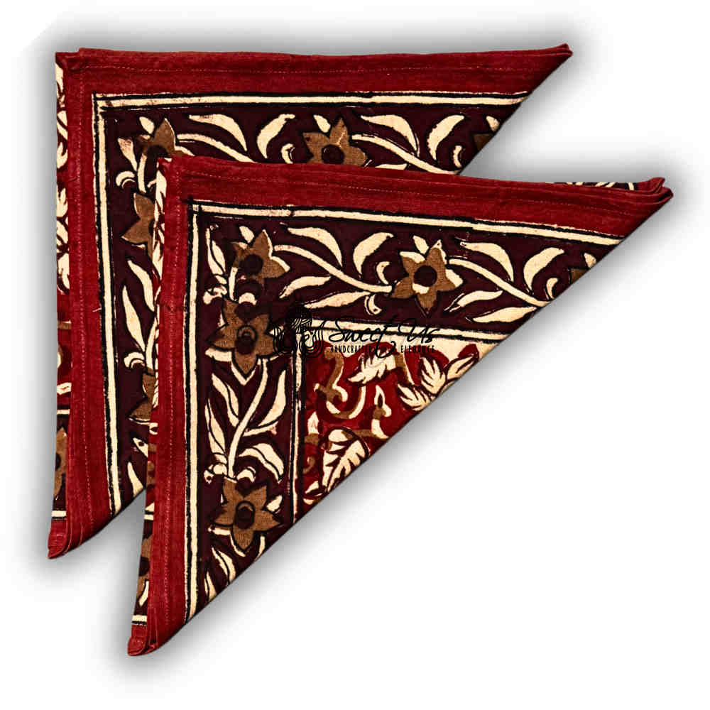 Marigold Radiance Floral Cotton Block Print Dinner Napkin, Ruby Terracotta