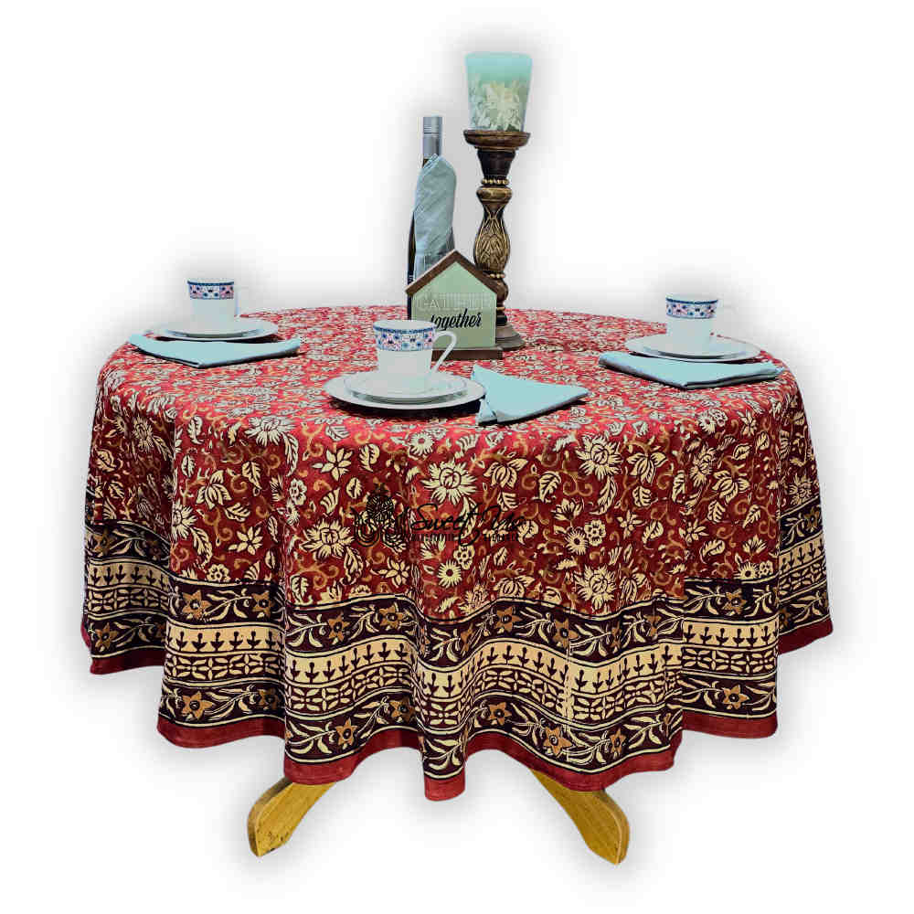 Marigold Radiance Floral Cotton Block Print Tablecloth Round, Ruby Terracotta