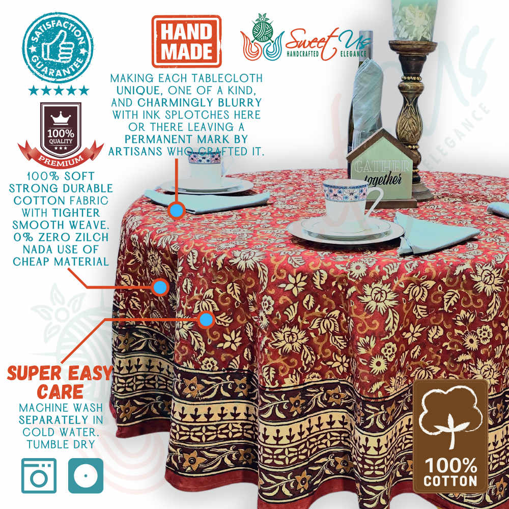 Marigold Radiance Floral Cotton Block Print Tablecloth Round, Ruby Terracotta
