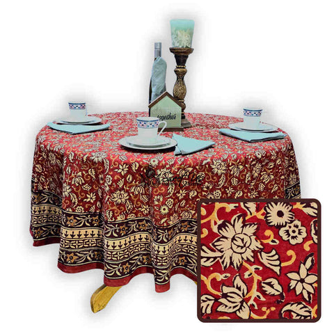 Marigold Radiance Floral Cotton Block Print Tablecloth Round, Ruby Terracotta