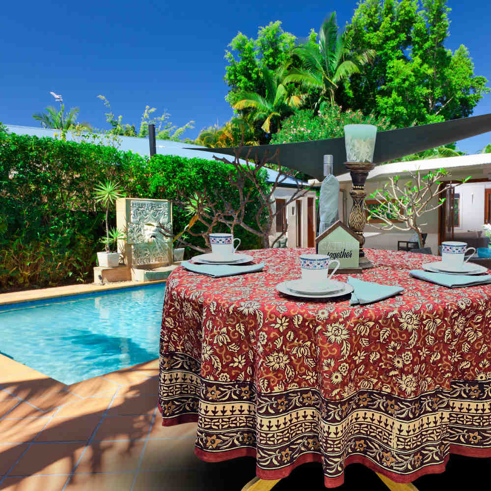 Marigold Radiance Floral Cotton Block Print Tablecloth Round, Ruby Terracotta
