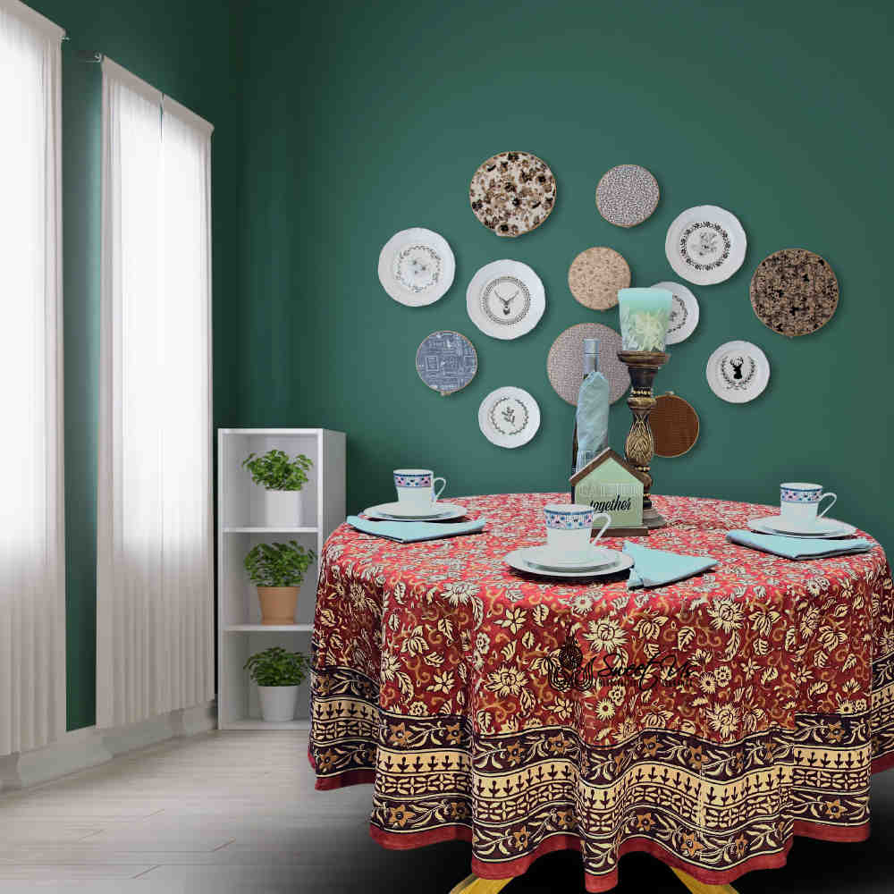 Marigold Radiance Floral Cotton Block Print Tablecloth Round, Ruby Terracotta