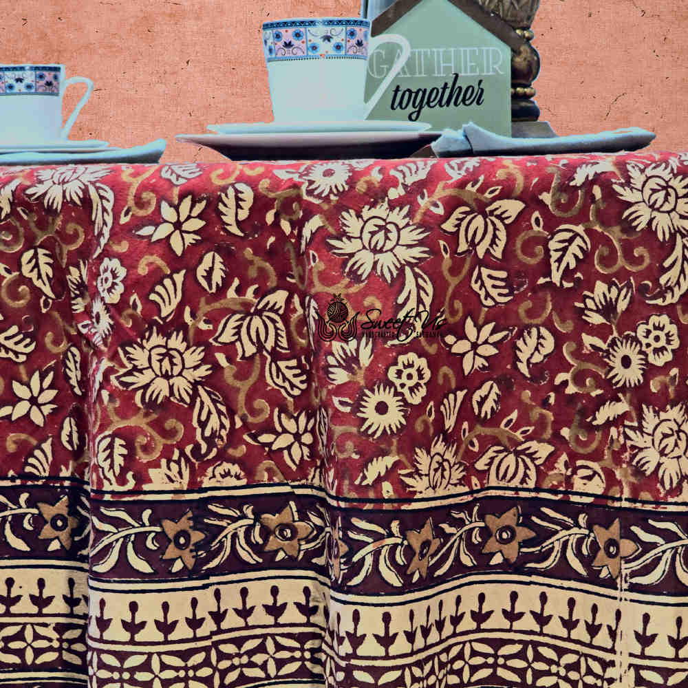 Marigold Radiance Floral Cotton Block Print Tablecloth Round, Ruby Terracotta