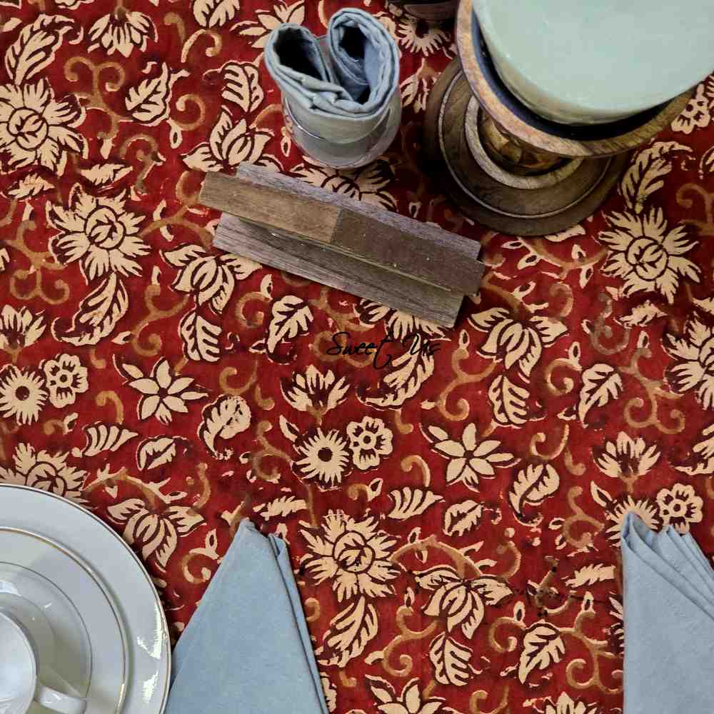 Marigold Radiance Floral Cotton Block Print Tablecloth Round, Ruby Terracotta