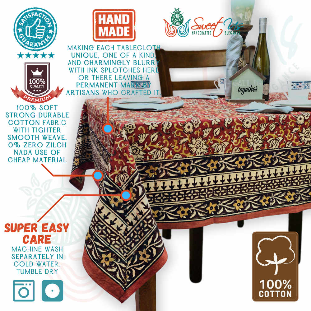 Marigold Radiance Floral Cotton Block Print Tablecloth Square, Ruby Terracotta