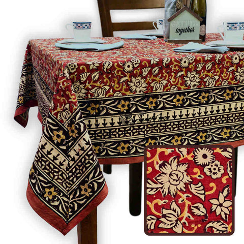 Marigold Radiance Floral Cotton Block Print Tablecloth Rectangle, Ruby Terracotta