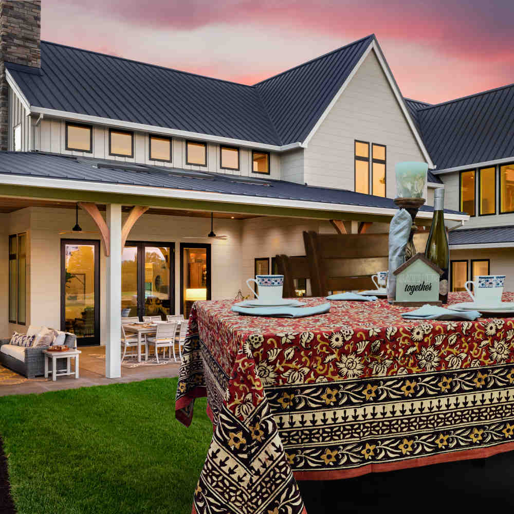 Marigold Radiance Floral Cotton Block Print Tablecloth Rectangle, Ruby Terracotta