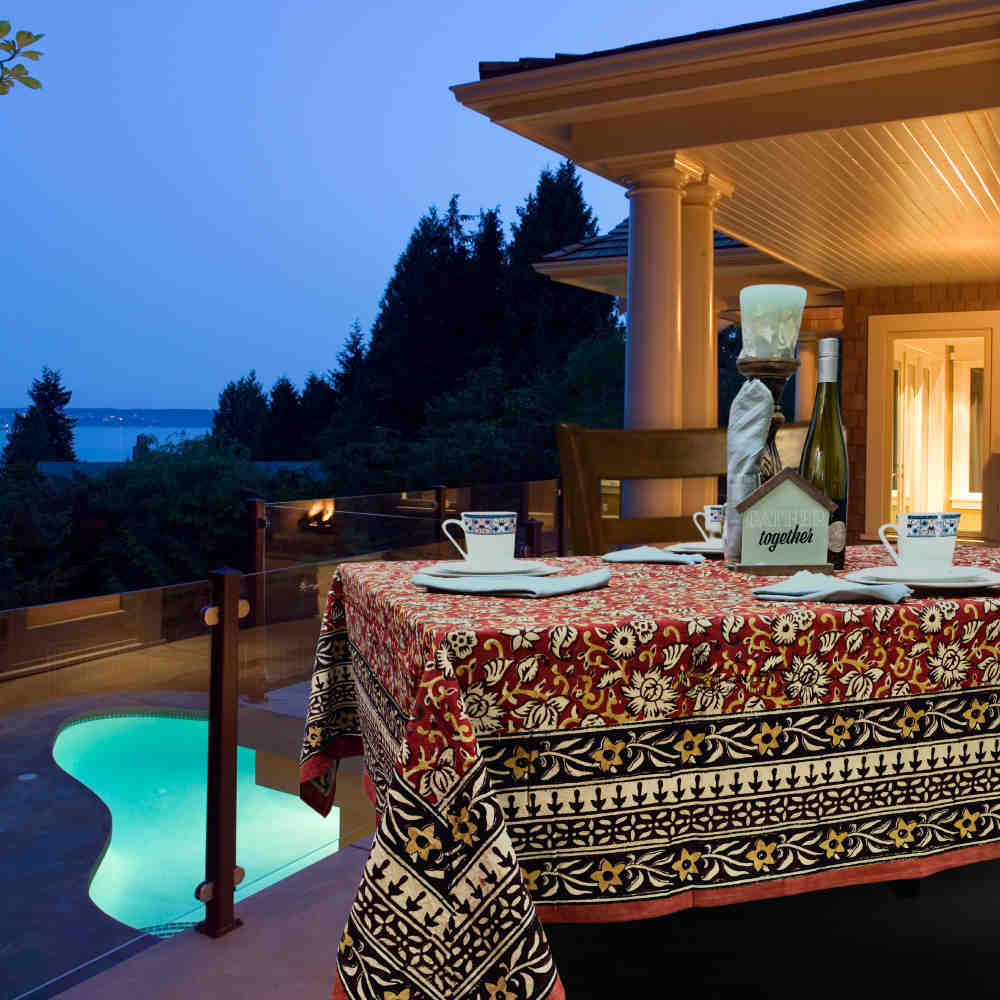 Marigold Radiance Floral Cotton Block Print Tablecloth Square, Ruby Terracotta