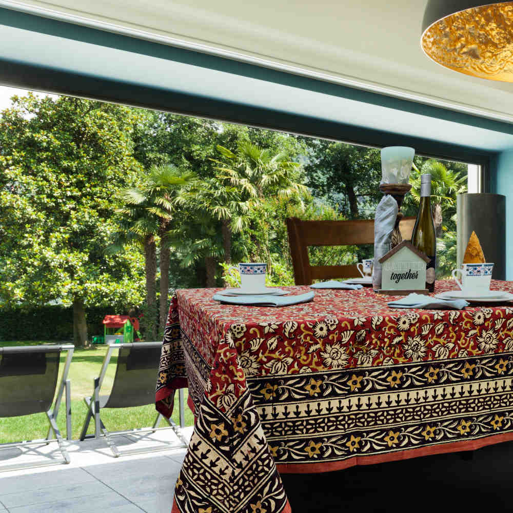 Marigold Radiance Floral Cotton Block Print Tablecloth Square, Ruby Terracotta