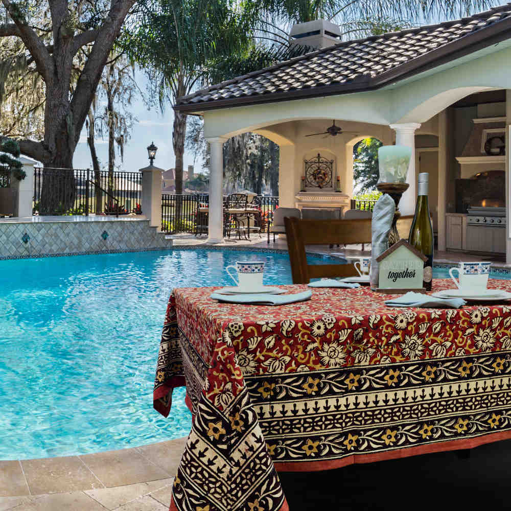 Marigold Radiance Floral Cotton Block Print Tablecloth Rectangle, Ruby Terracotta