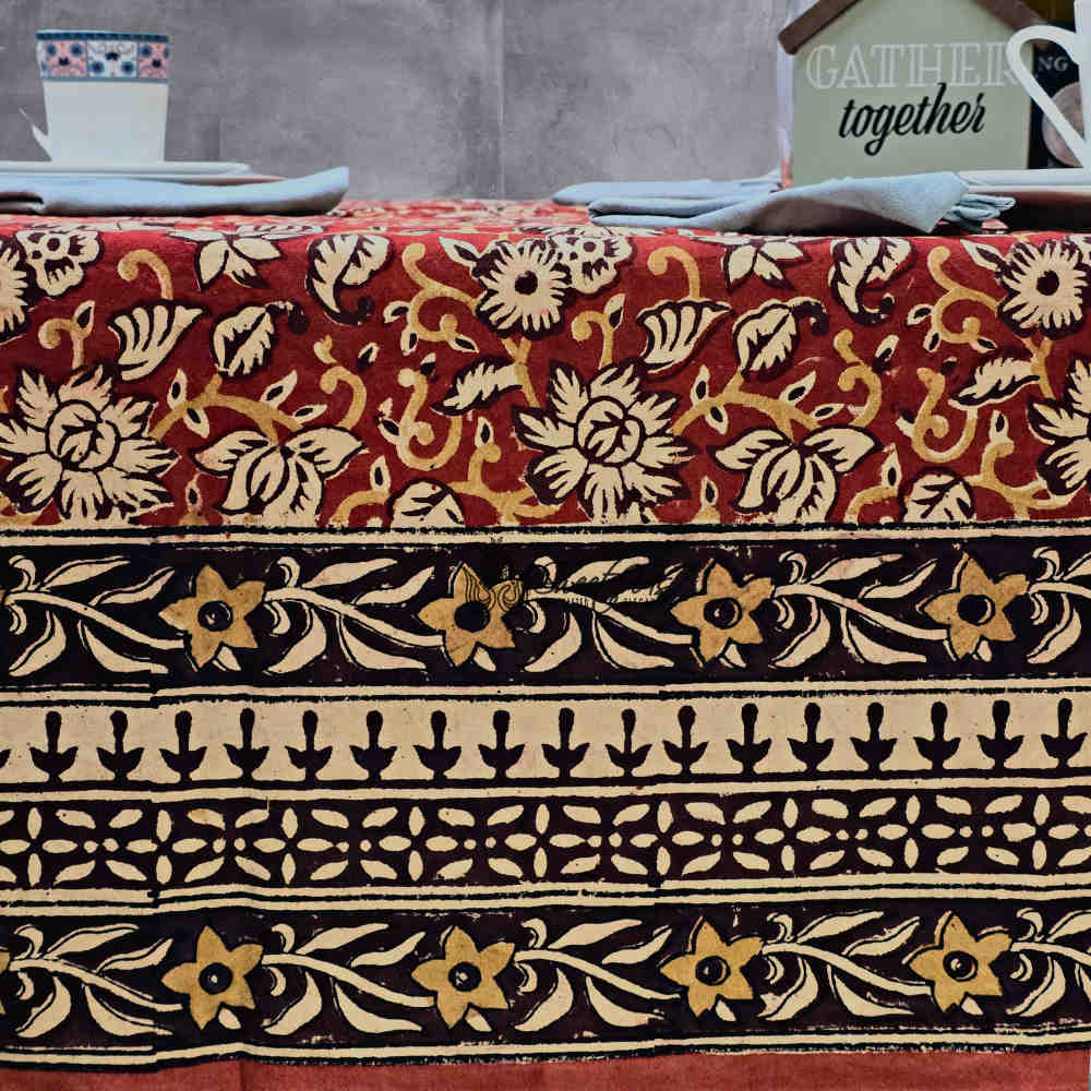 Marigold Radiance Floral Cotton Block Print Tablecloth Rectangle, Ruby Terracotta