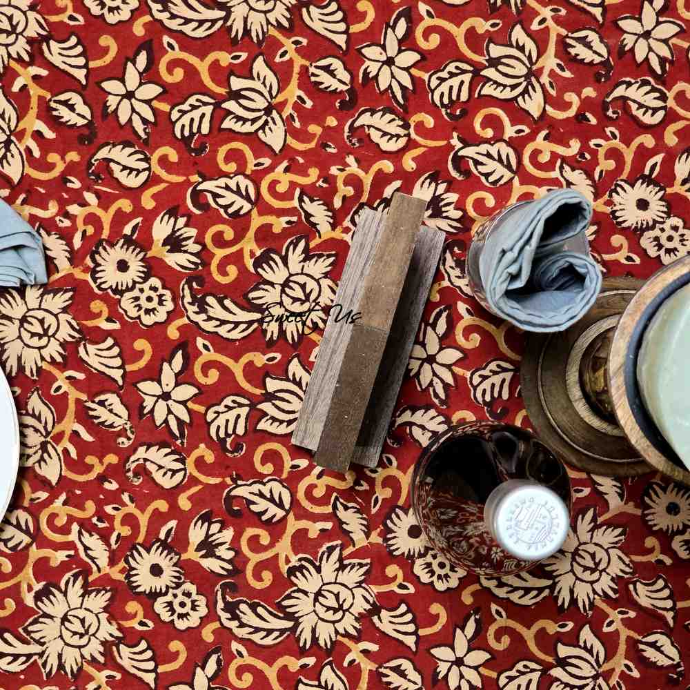 Marigold Radiance Floral Cotton Block Print Tablecloth Square, Ruby Terracotta