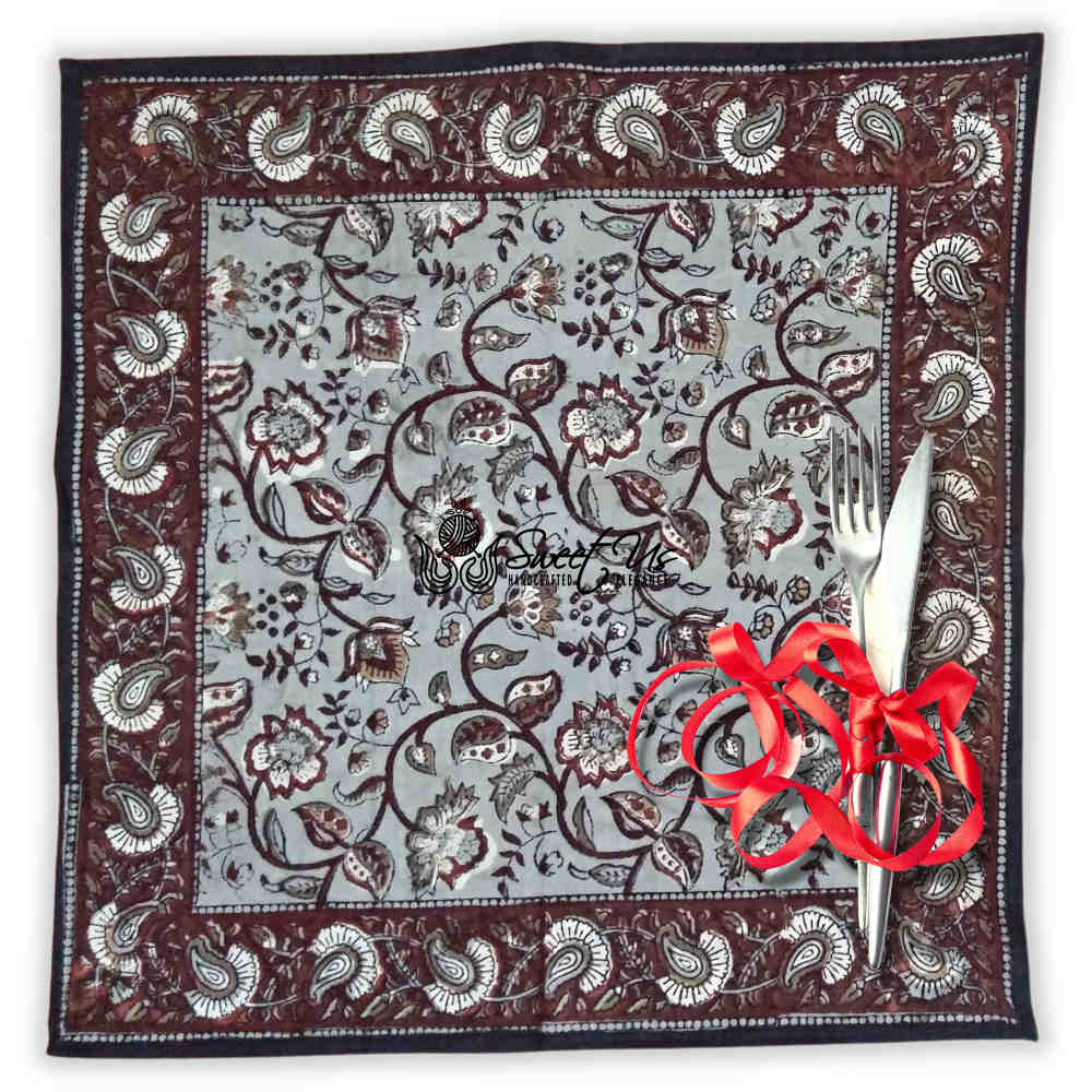Floral Vogue Block Print Cotton Tablecloth Collection, Espresso Ash