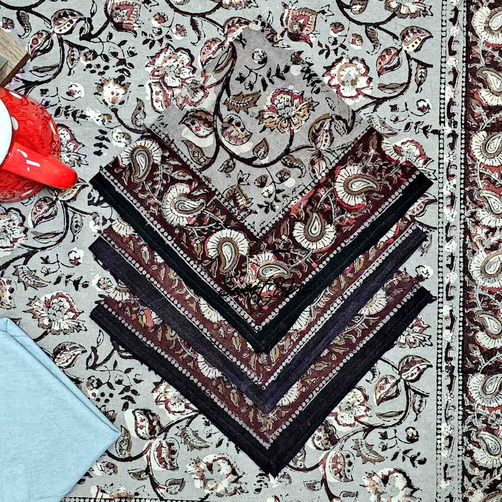 Floral Vogue Block Print Cotton Tablecloth Collection, Espresso Ash