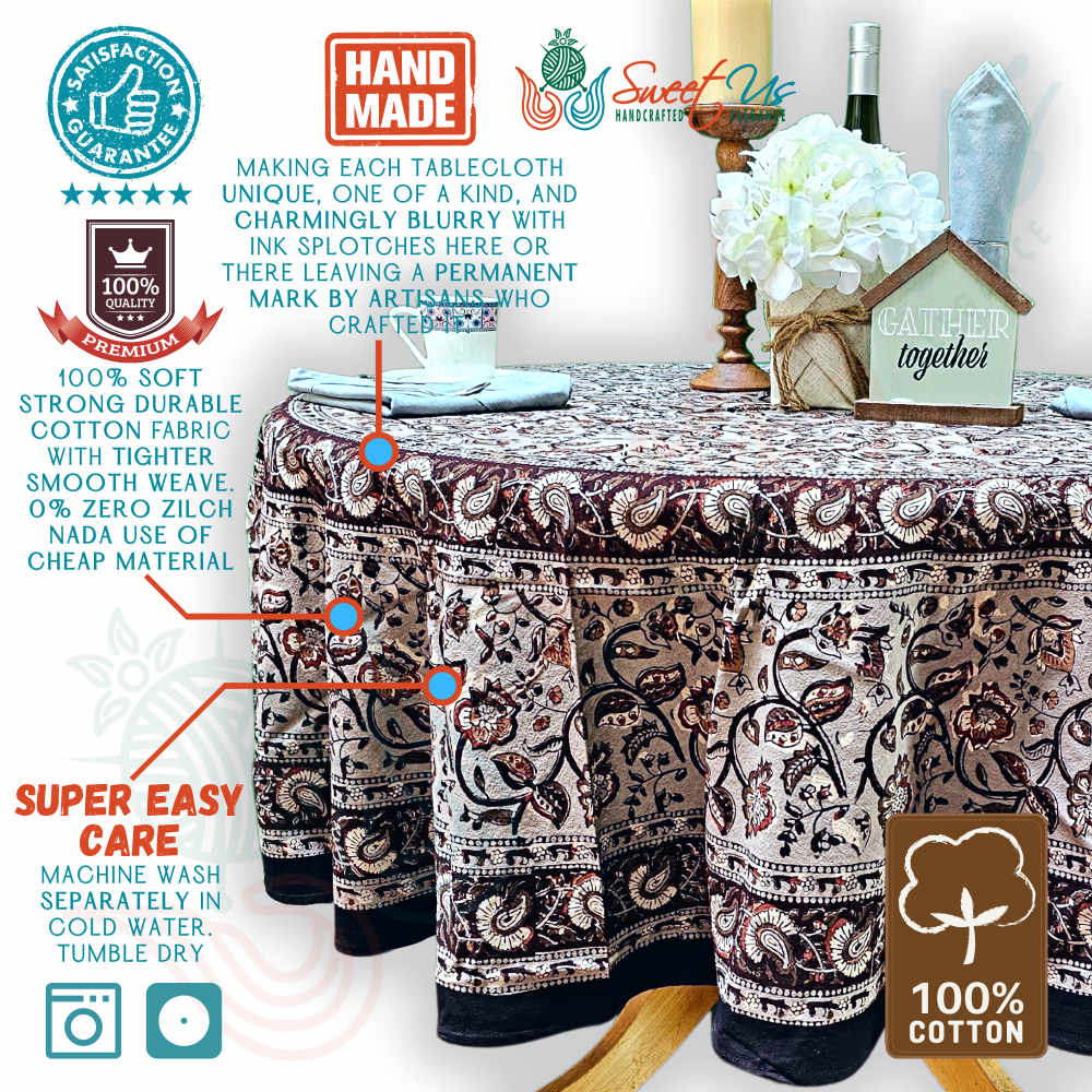 Floral Vogue Block Print Cotton Tablecloth Collection, Espresso Ash