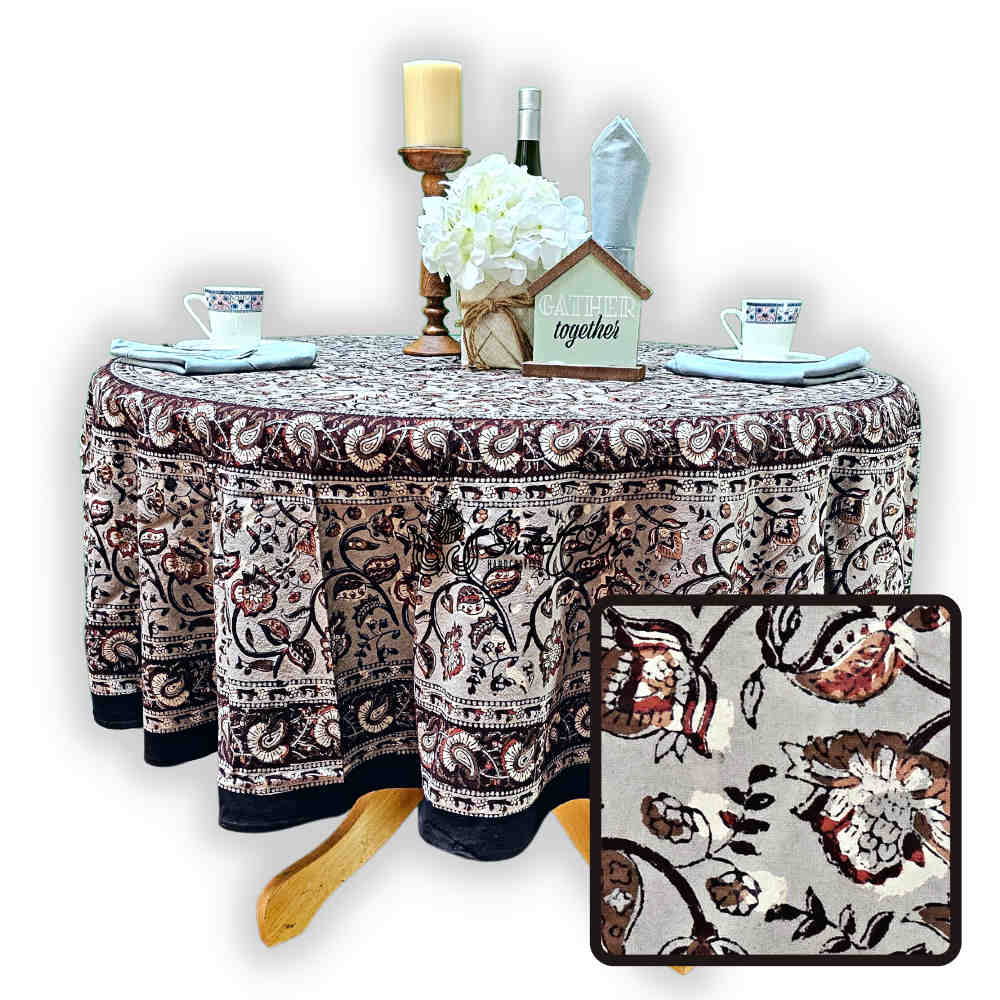 Floral Vogue Block Print Cotton Tablecloth Collection, Espresso Ash