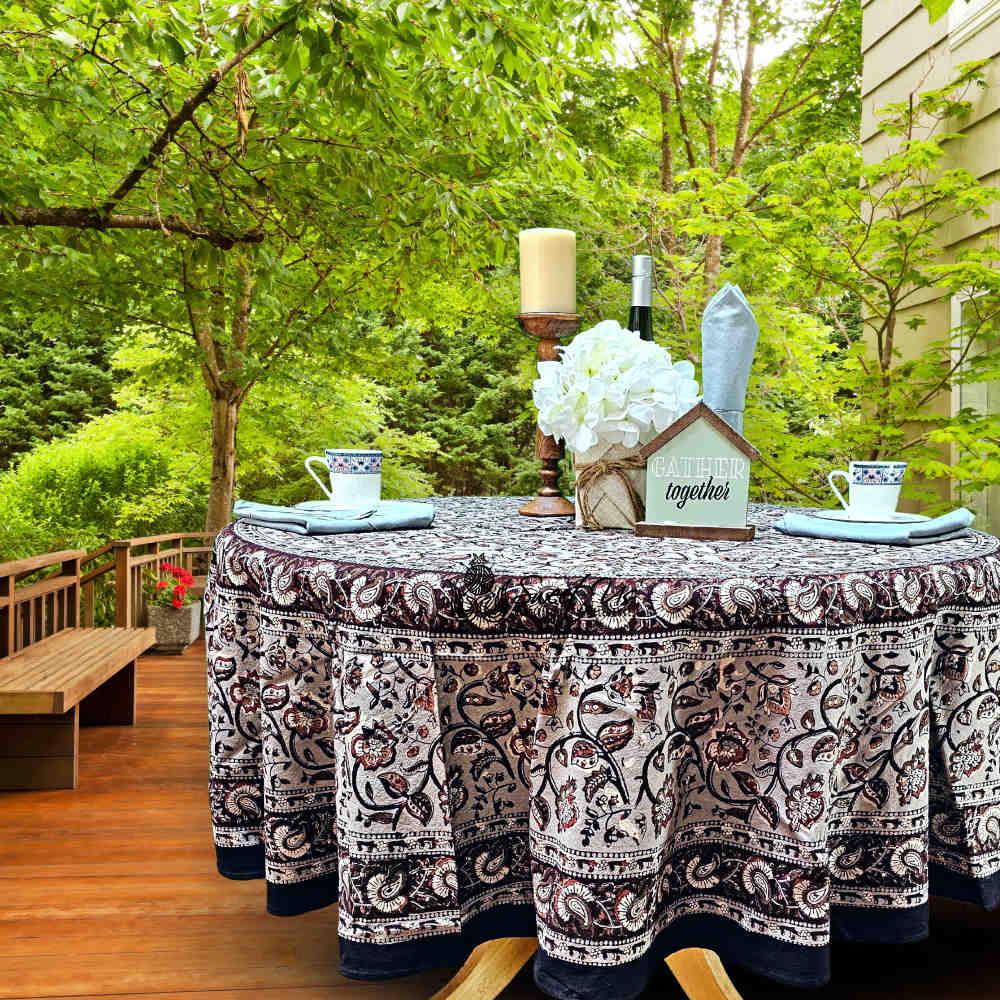 Floral Vogue Block Print Cotton Tablecloth Collection, Espresso Ash