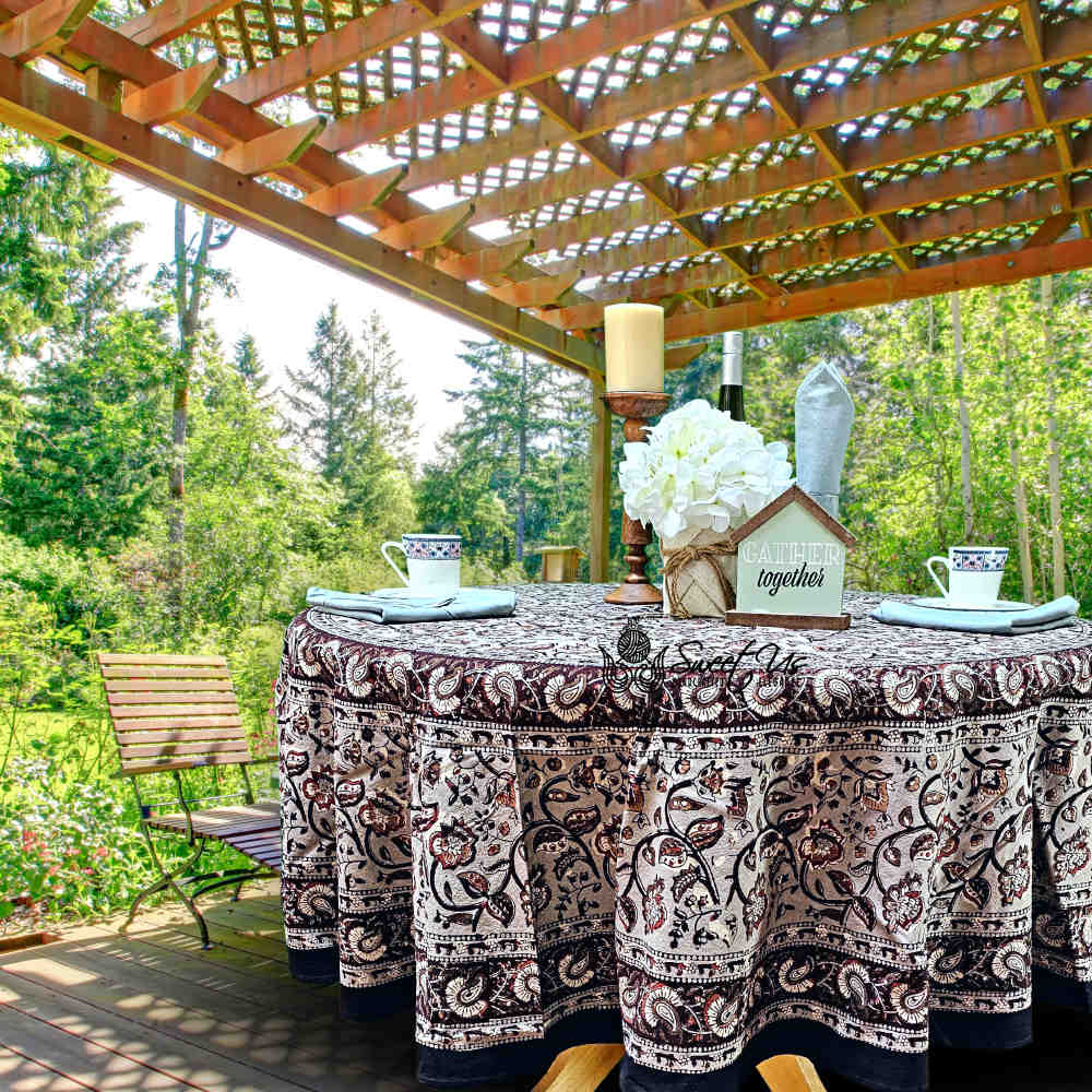 Floral Vogue Block Print Cotton Tablecloth Collection, Espresso Ash