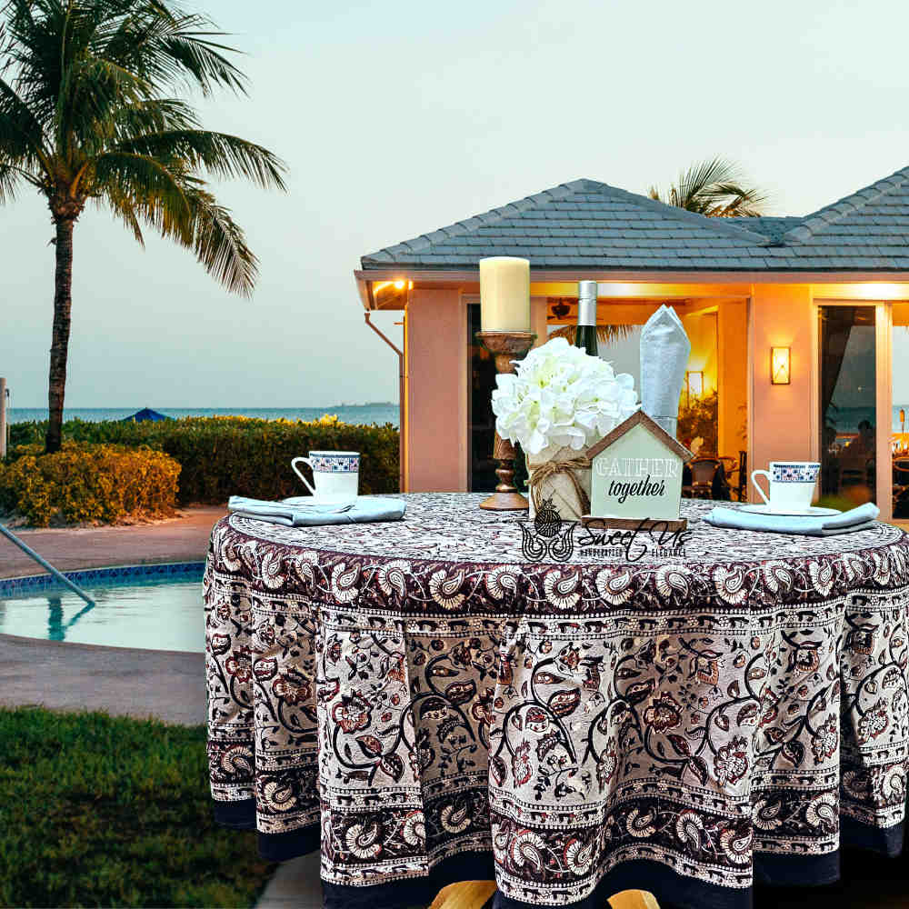 Floral Vogue Block Print Cotton Tablecloth Collection, Espresso Ash