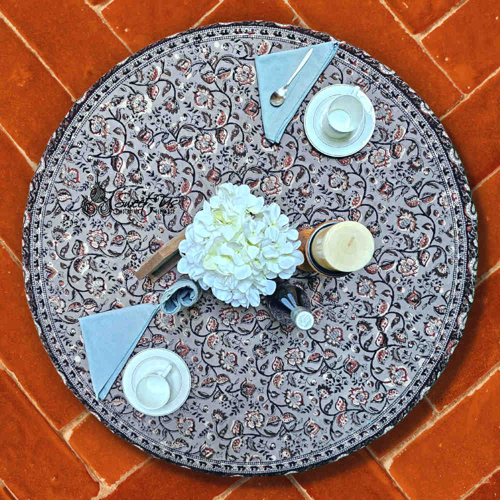 Floral Vogue Block Print Cotton Tablecloth Collection, Espresso Ash