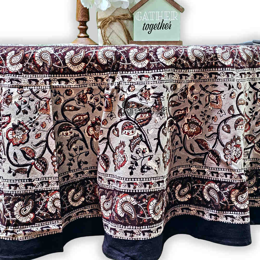 Floral Vogue Block Print Cotton Tablecloth Collection, Espresso Ash
