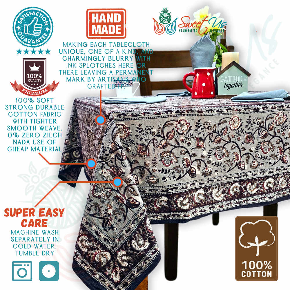 Floral Vogue Block Print Cotton Tablecloth Collection, Espresso Ash