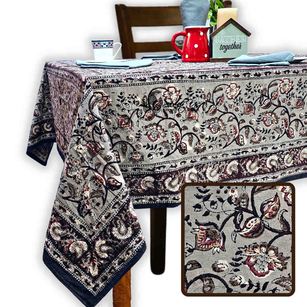 Floral Vogue Block Print Cotton Tablecloth Collection, Espresso Ash