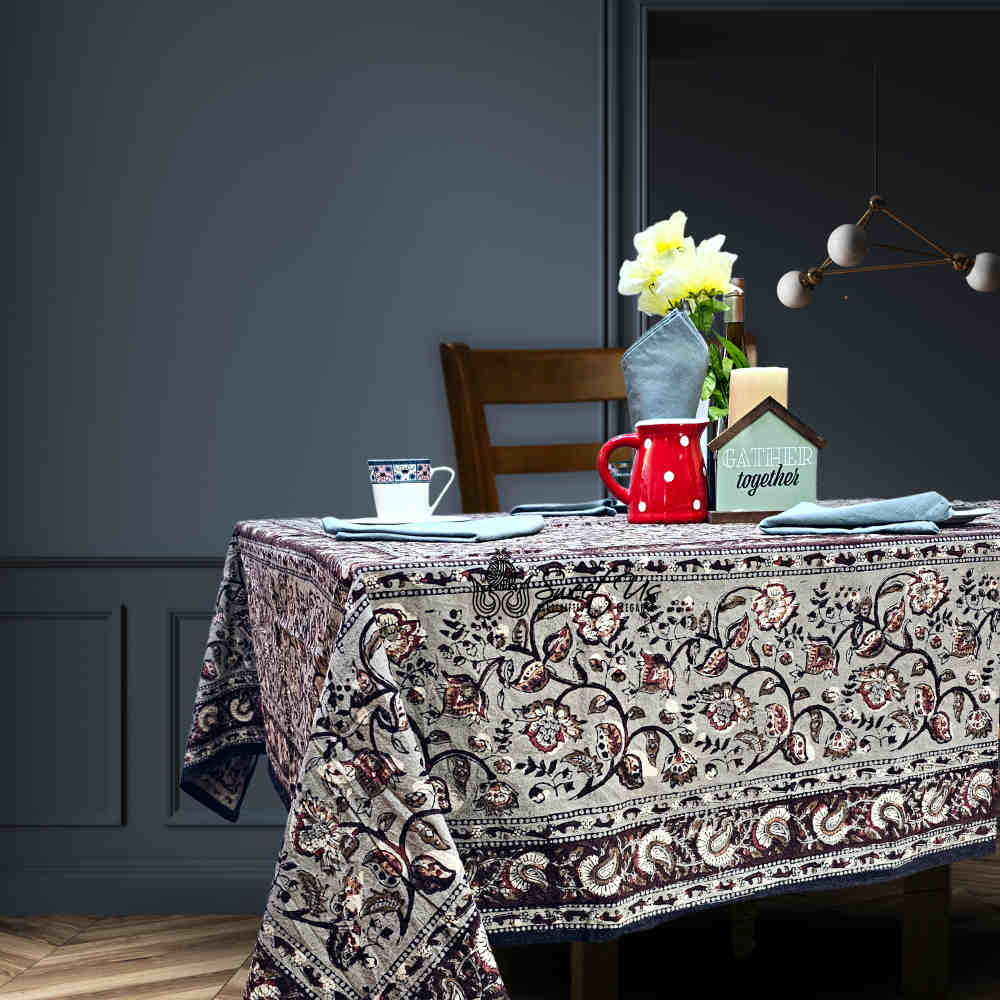 Floral Vogue Block Print Cotton Tablecloth Collection, Espresso Ash
