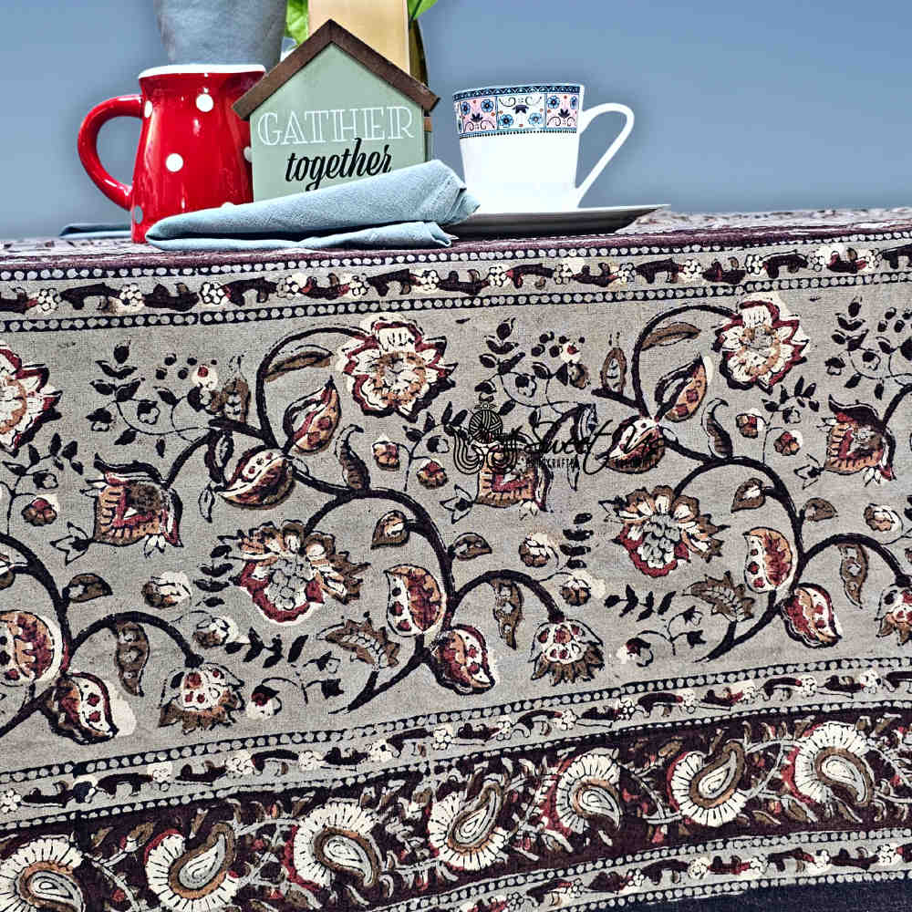 Floral Vogue Block Print Cotton Tablecloth Collection, Espresso Ash