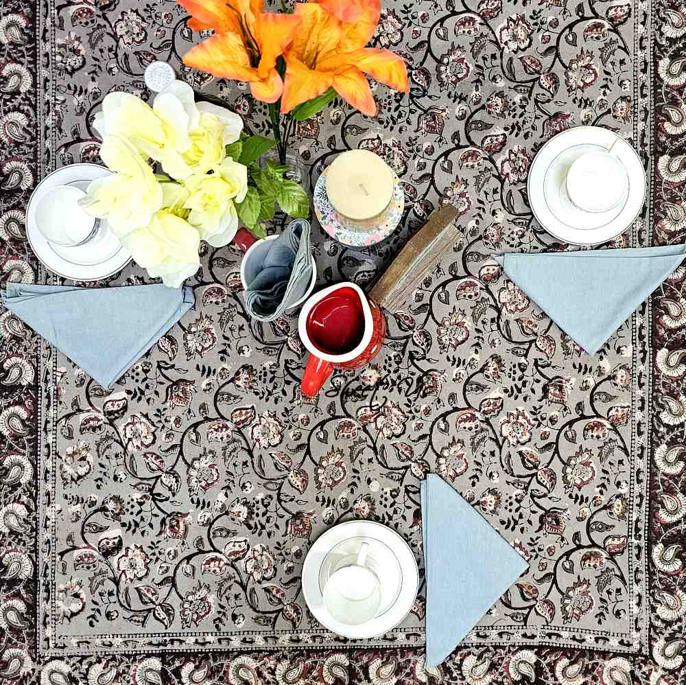 Floral Vogue Block Print Cotton Tablecloth Collection, Espresso Ash