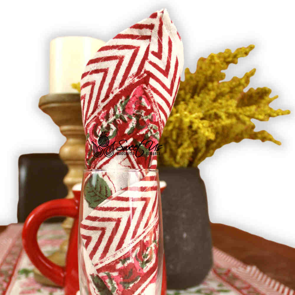 Floral Vine Block Print Tablecloth Rectangle Cotton, White Red, Table Linen