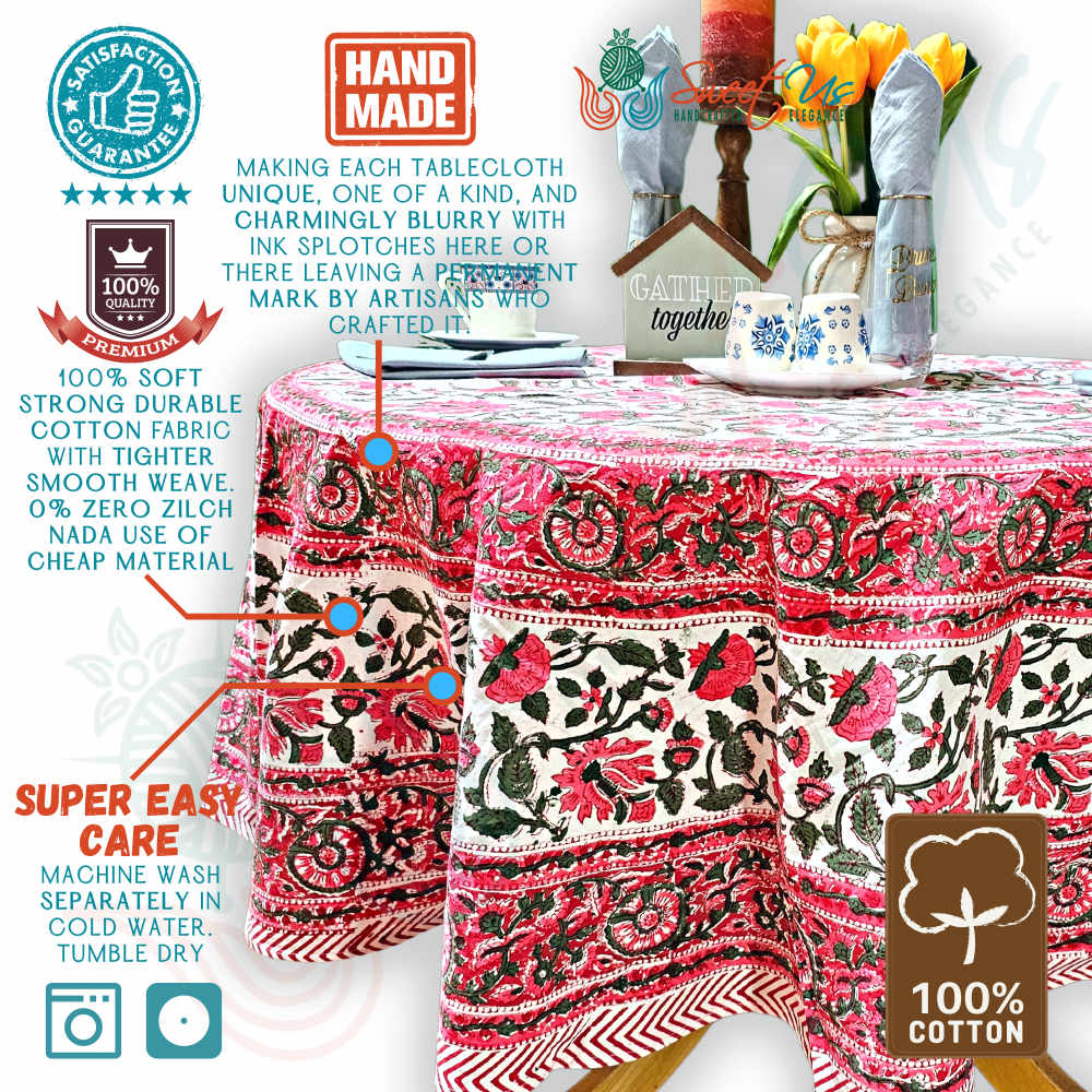 Fiorella Block Print Cotton Floral Tablecloth Round, Delicate Pink - Sweet Us