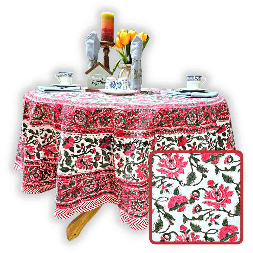 Fiorella Block Print Cotton Floral Tablecloth Round, Delicate Pink - Sweet Us