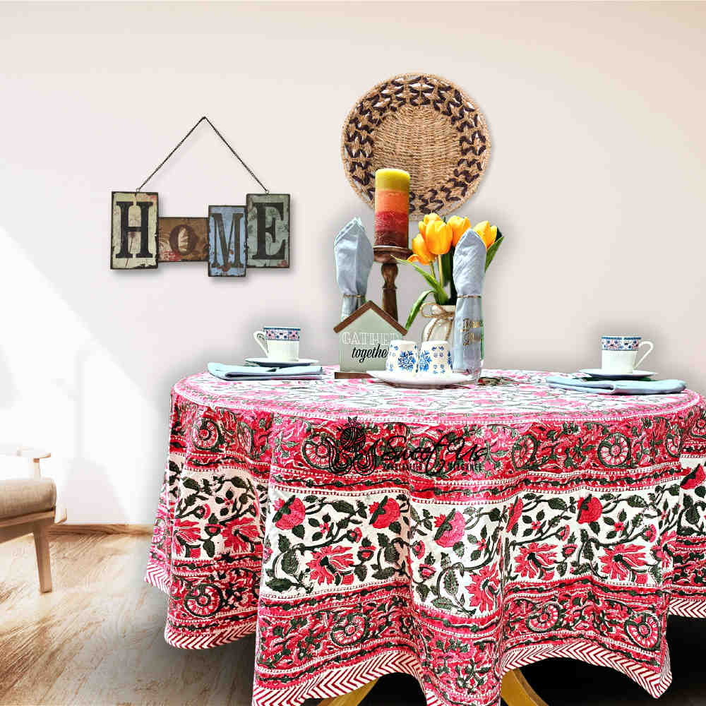 Fiorella Block Print Cotton Floral Tablecloth Round, Delicate Pink - Sweet Us