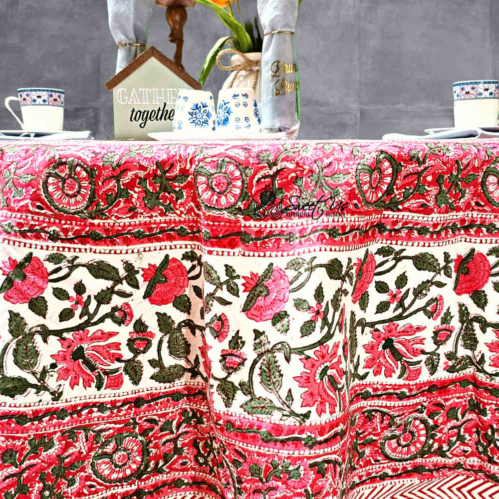 Fiorella Block Print Cotton Floral Tablecloth Round, Delicate Pink - Sweet Us