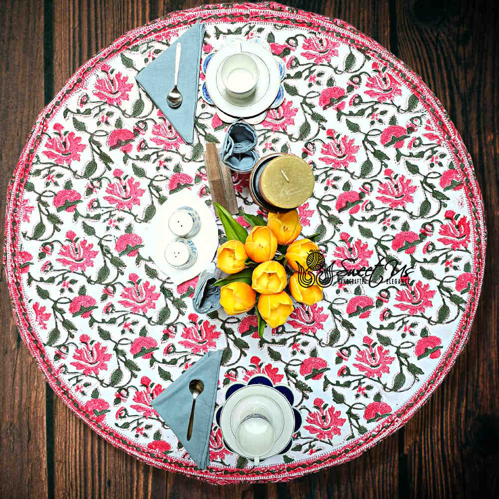 Fiorella Block Print Cotton Floral Tablecloth Round, Delicate Pink