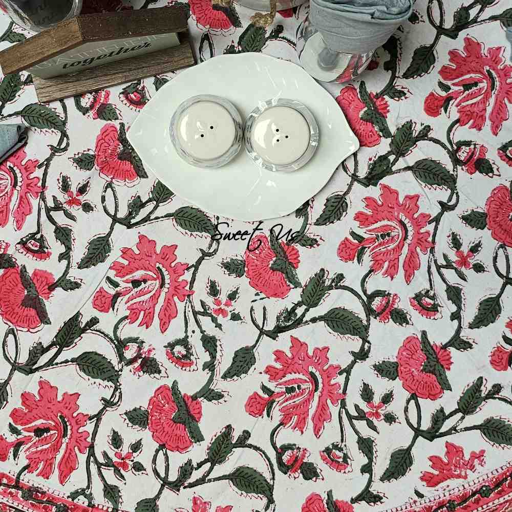 Fiorella Block Print Cotton Floral Tablecloth Round, Delicate Pink - Sweet Us