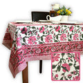 Floral Vine Block Print Tablecloth Rectangle Cotton, White Red, Table Linen - Sweet Us