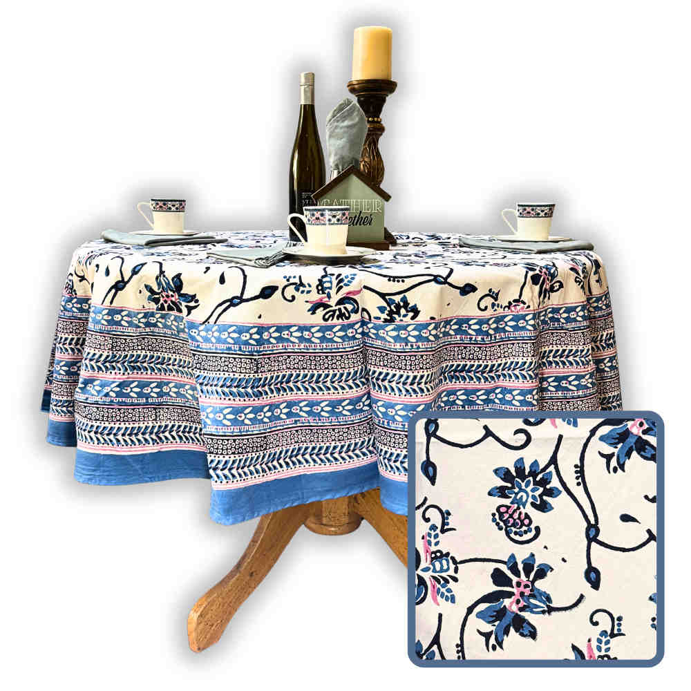 Magnolia Floral Cotton Block Print Tablecloth Round, Rose Bébé - Sweet Us
