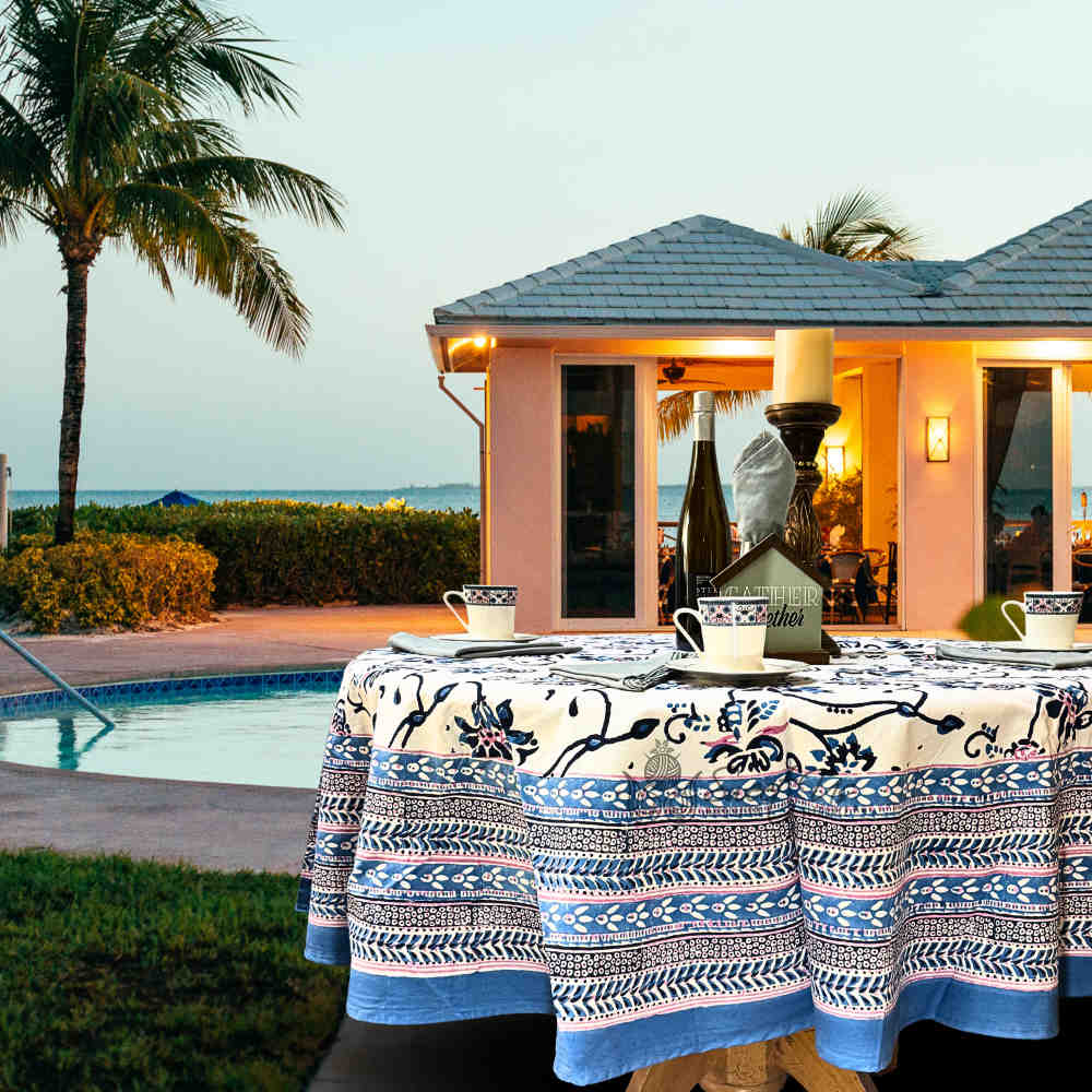 Magnolia Floral Cotton Block Print Tablecloth Round, Rose Bébé