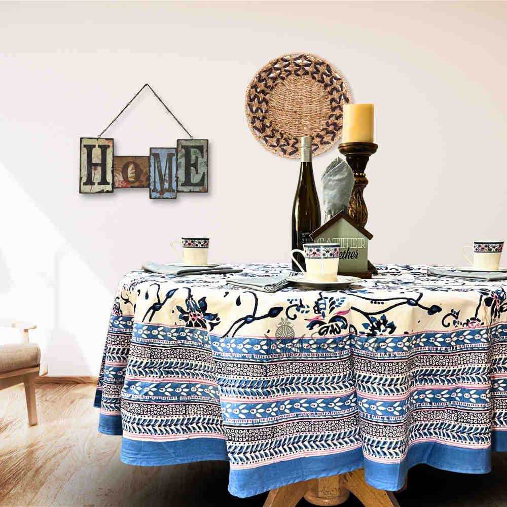 Magnolia Floral Cotton Block Print Tablecloth Round, Rose Bébé - Sweet Us