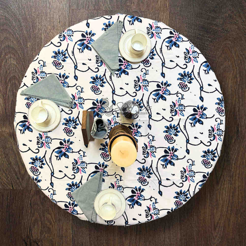 Magnolia Floral Cotton Block Print Tablecloth Round, Rose Bébé - Sweet Us