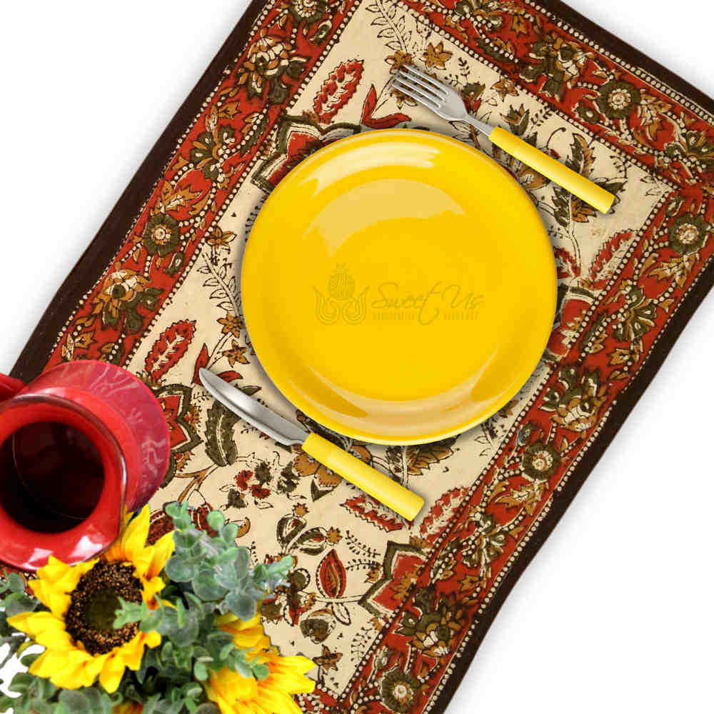 Rustic Autumn Floral Block Print Cotton Tablecloth Rectangle