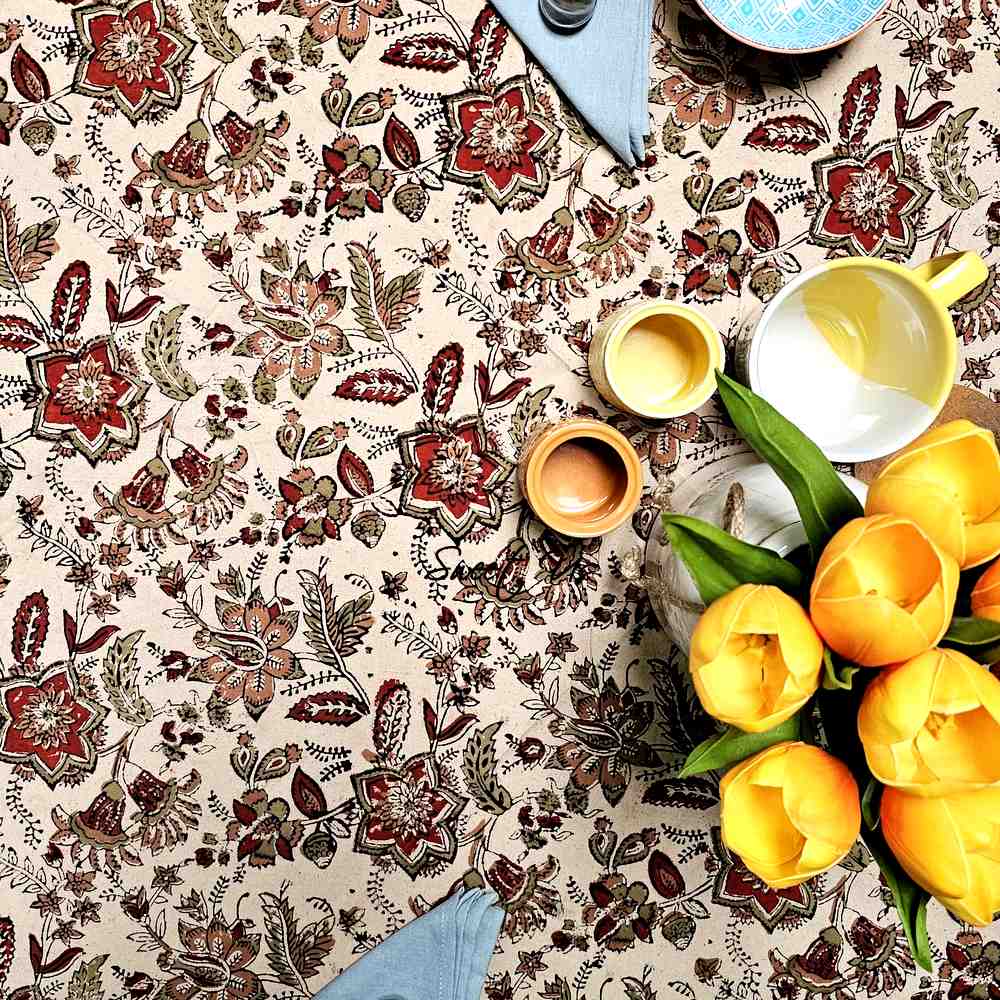 Rustic Autumn Floral Block Print Cotton Tablecloth Round